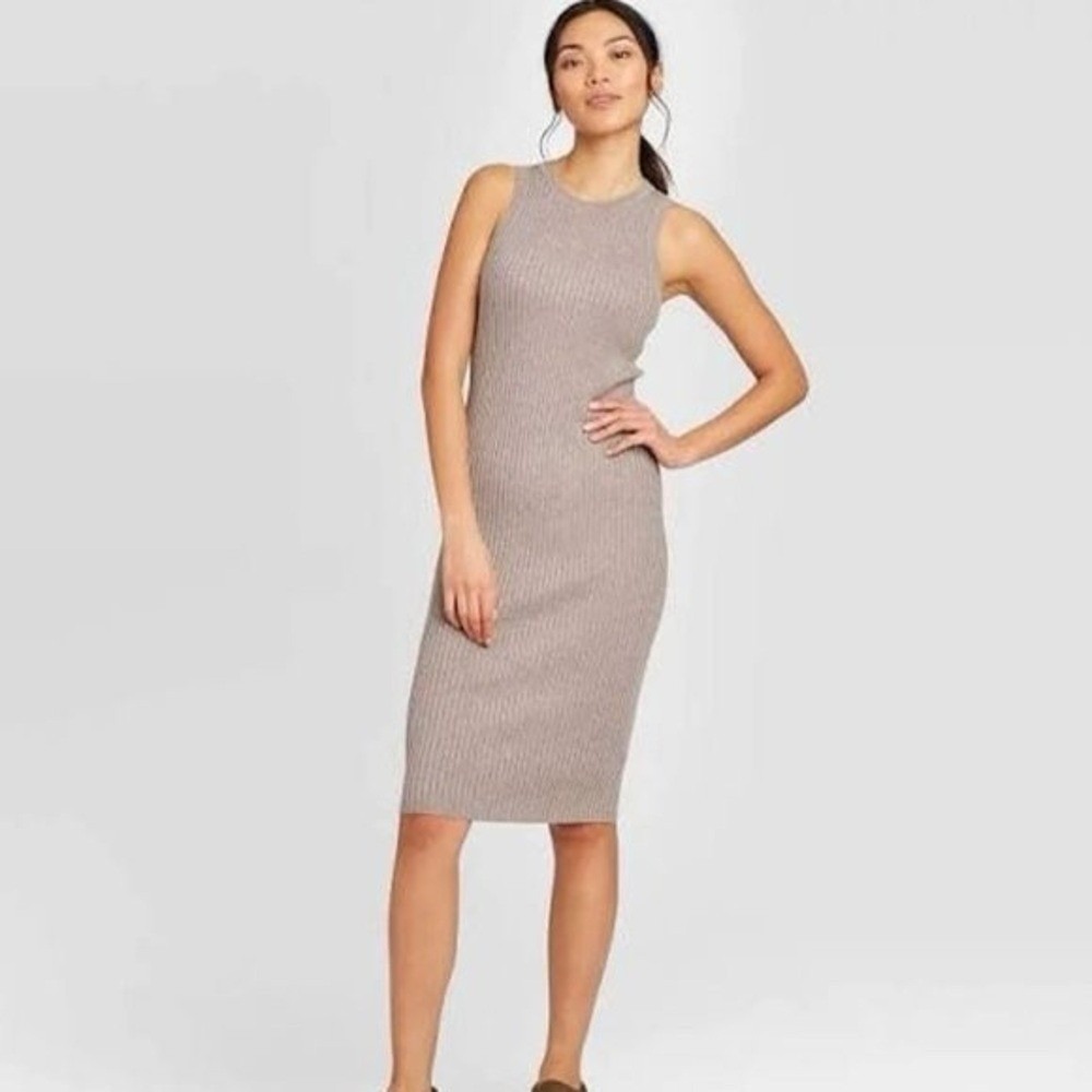 Magaschoni Womens Ribbed Sleeveless Midi Sheath Dress Tan Brown Large RN‎ 93178